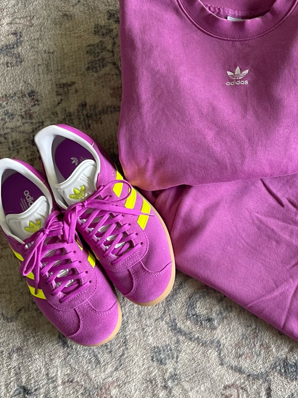 Adidas Gazelle; Magenta/Neon yellow with gum soles (trackies sold separately)